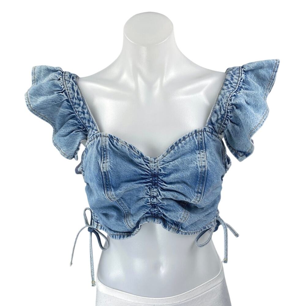 River Island Blue Sleeveless Ruffle Ruched Cut Out Denim Jeans Crop Top Size 6